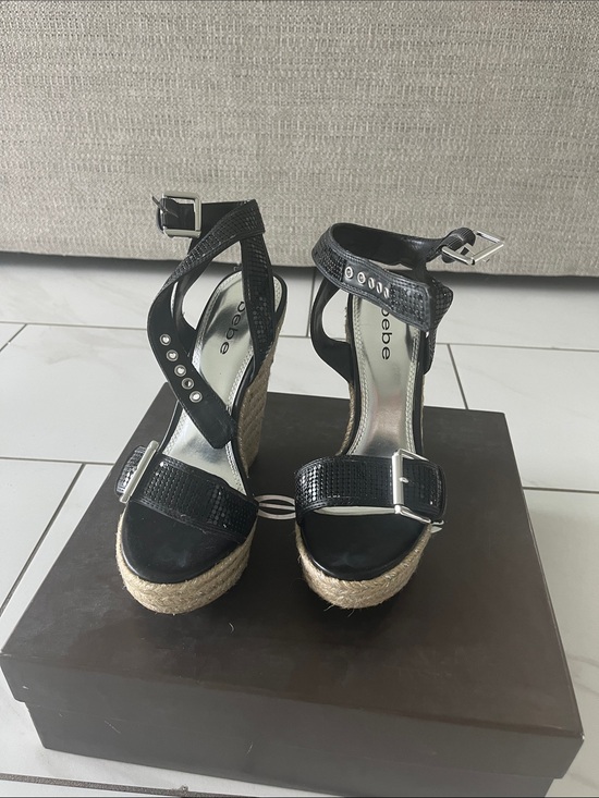 bebe Shoes - bebe Black Textured Espadrille Wedge Sandals with Buckle Straps